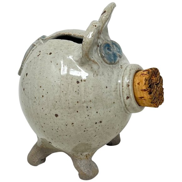Handcrafted Ceramic Glazed Pottery Beige Blue Piggy Bank Cork Stopper Signed - Picture 2 of 8